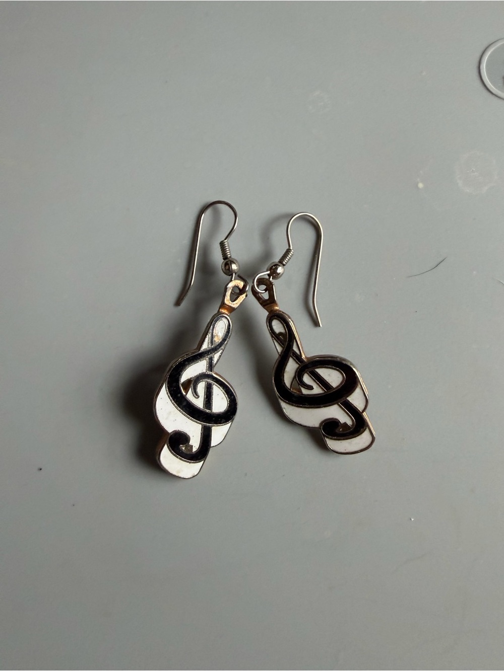 Treble Clef Dangle Earrings - Silver and Black